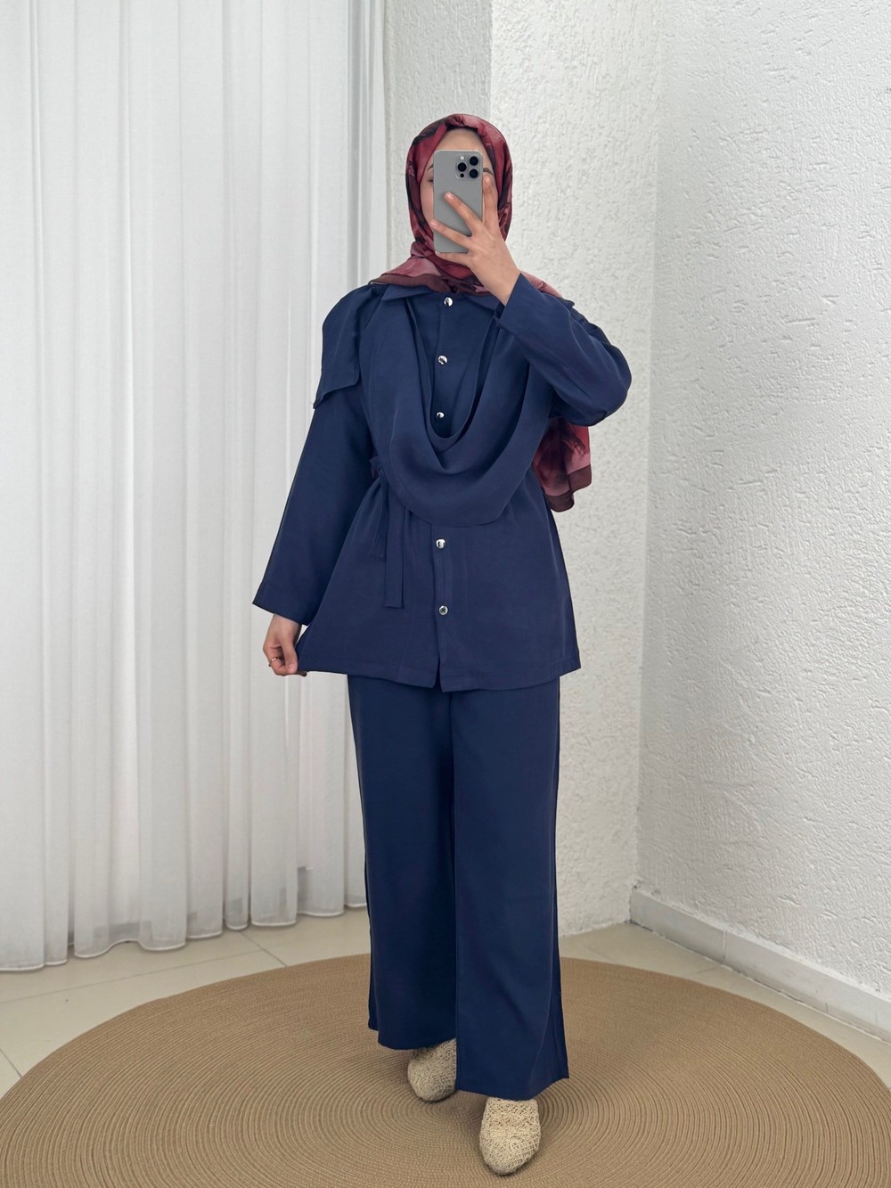 Sanem Metal Düğmeli Şallı Pantolonlu Takım-NA3443 Lacivert
