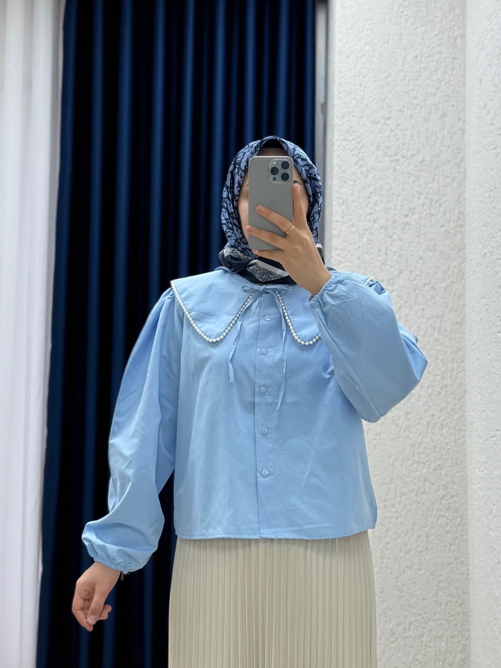 Sanonia Yakası İncili Kısa Poplin Gömlek-NA792 Bebe Mavisi