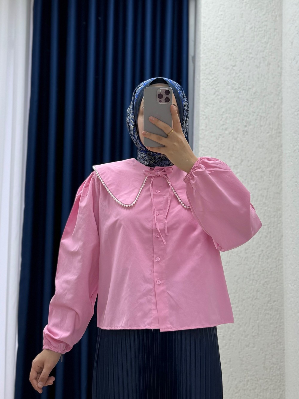 Sanonia Yakası İncili Kısa Poplin Gömlek-NA792 Pembe