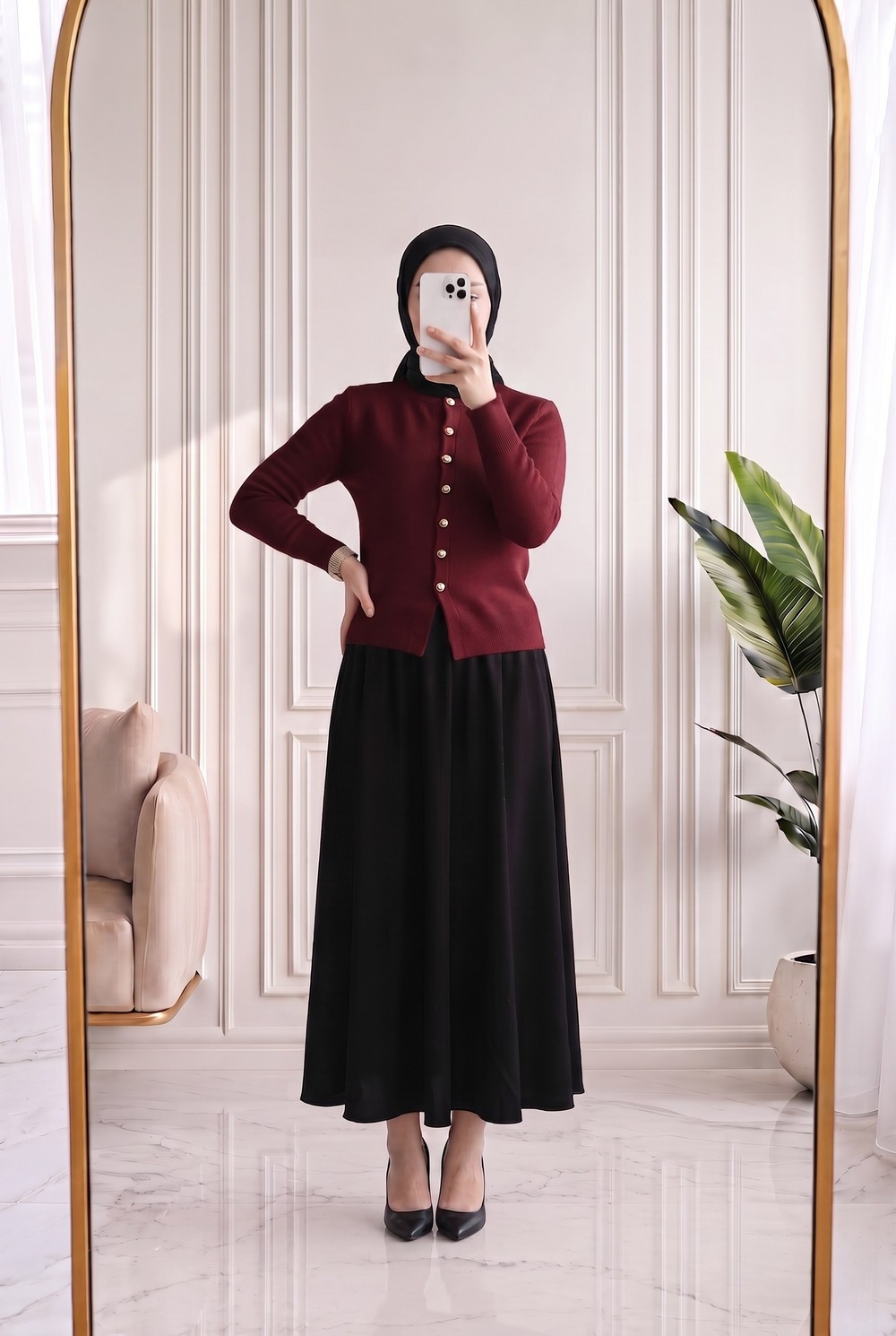 Selcan Mini Gold Düğmeli Altı Fitilli Triko Hırka-KR6030 Bordo