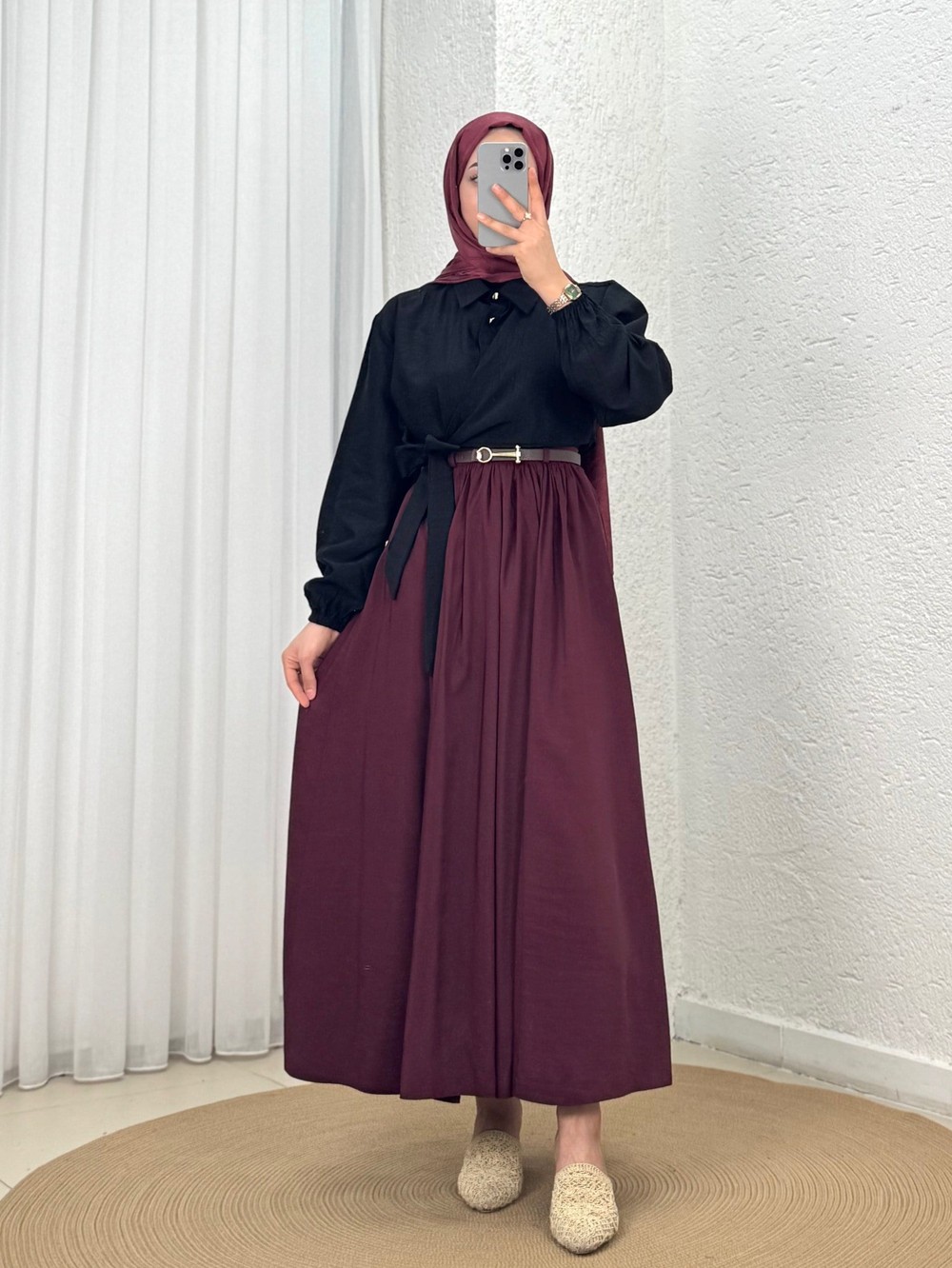 Seniha Büzgülü Çift Cepli Kemerli Etek-PA203 Bordo