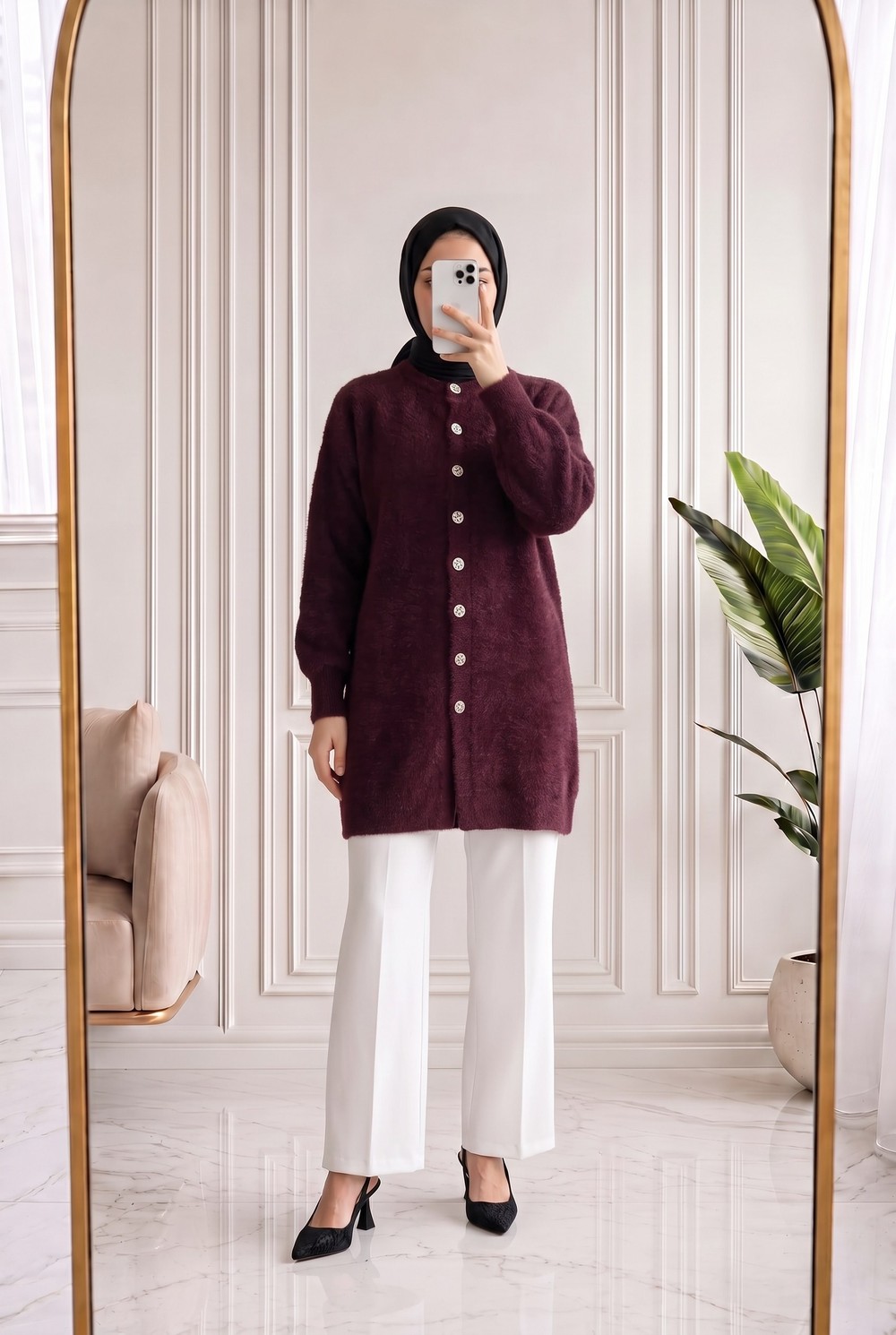 Seray Gold Düğmeli Uzun Peluş Hırka-KR6011 Bordo