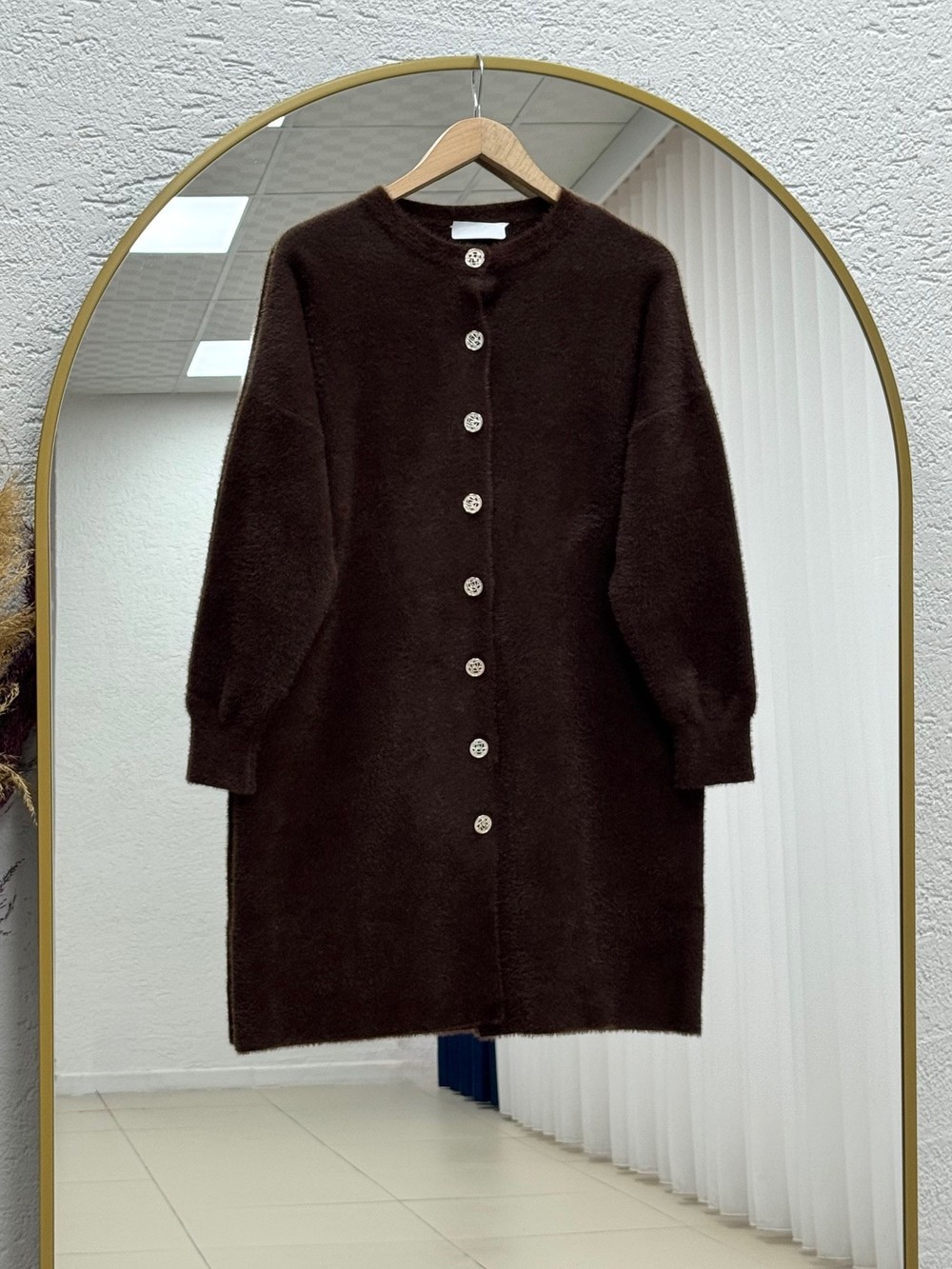 Seray Gold Düğmeli Uzun Peluş Hırka-KR6011 Kahve