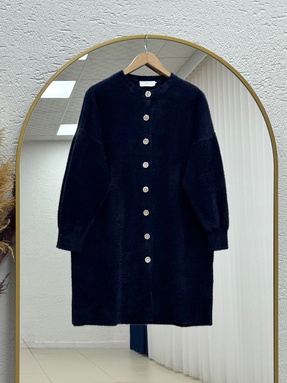 Seray Gold Düğmeli Uzun Peluş Hırka-KR6011 Lacivert