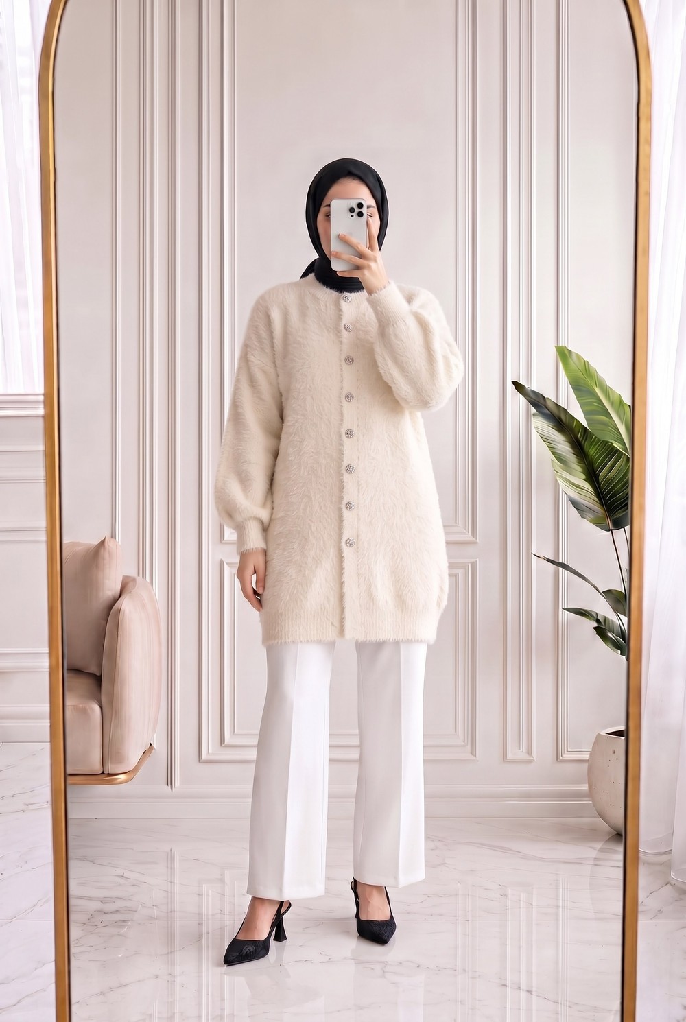 Seray Gold Düğmeli Uzun Peluş Hırka-KR6011 Krem