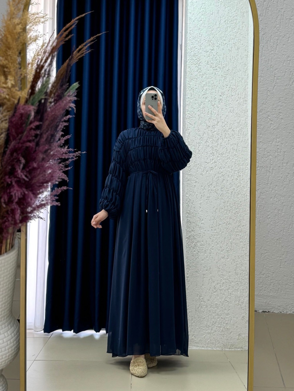 Serira Pileli Şifon Elbise-PA9685 Lacivert
