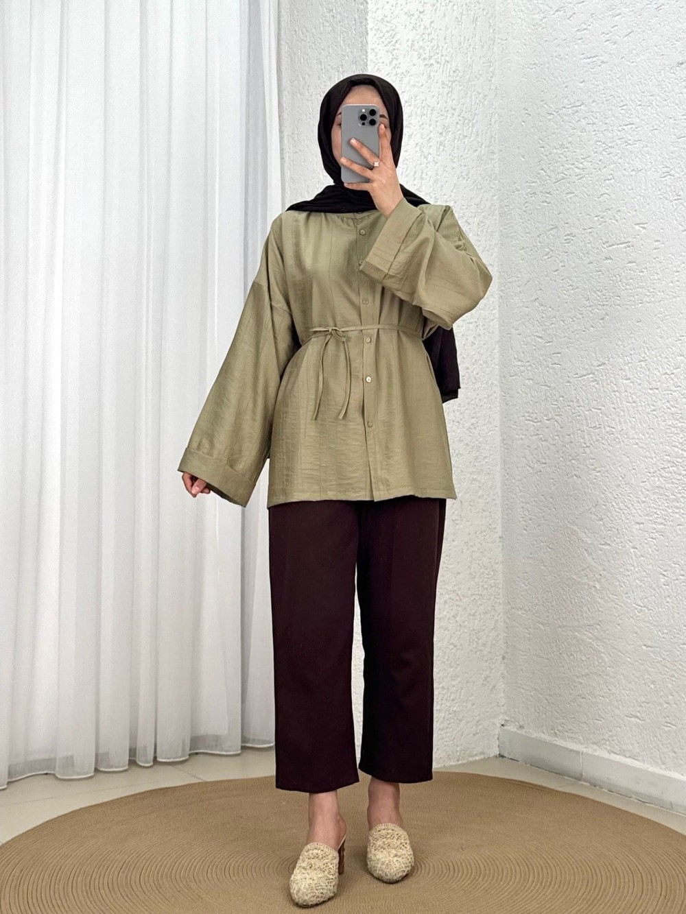 Şeyma Kendinden Desenli Geniş Kol Gömlek-Çİ943 Mint