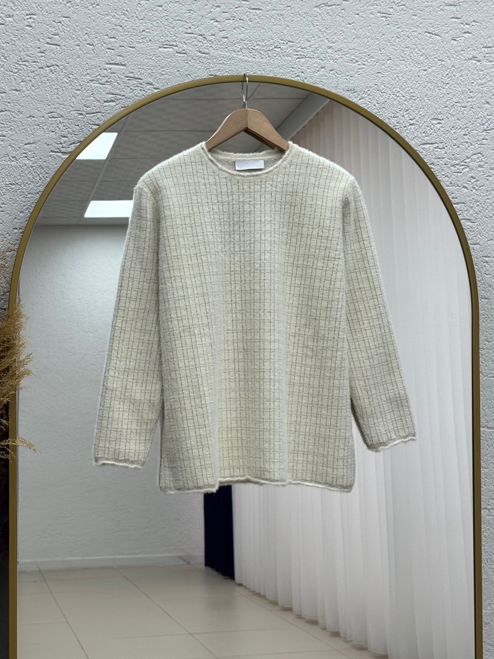 Seyran Saçak Detay Kendinden Desenli Triko Kazak-KR6021 Taş