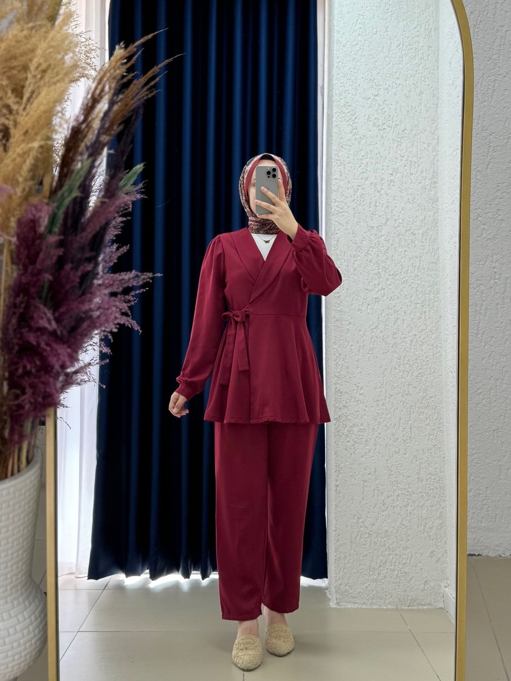 Sormora Kuşak Detaylı Ceketli Pantolonlu Takım-AS471 Bordo