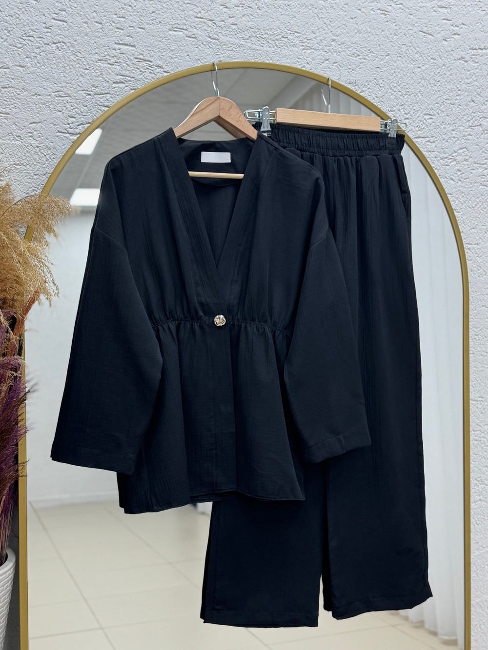 Toprak Tek Düğmeli Beli Büzgülü Pantolonlu Takım-ZŞ7079 Siyah