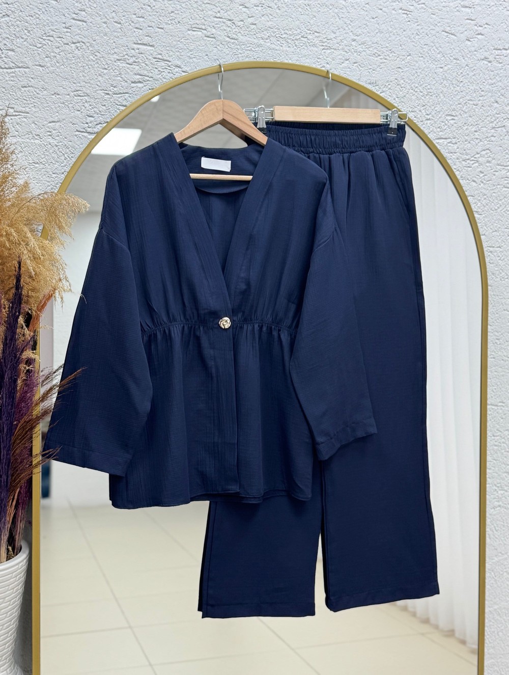Toprak Tek Düğmeli Beli Büzgülü Pantolonlu Takım-ZŞ7079 Lacivert