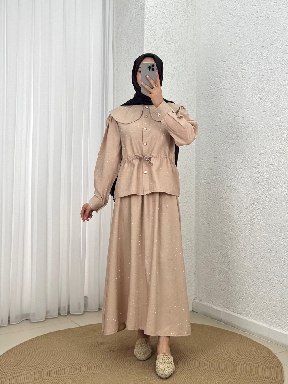 Uçurum Bebe Yaka Taşlı Beli Sıkmalı Etekli Takım-MF612 Taş