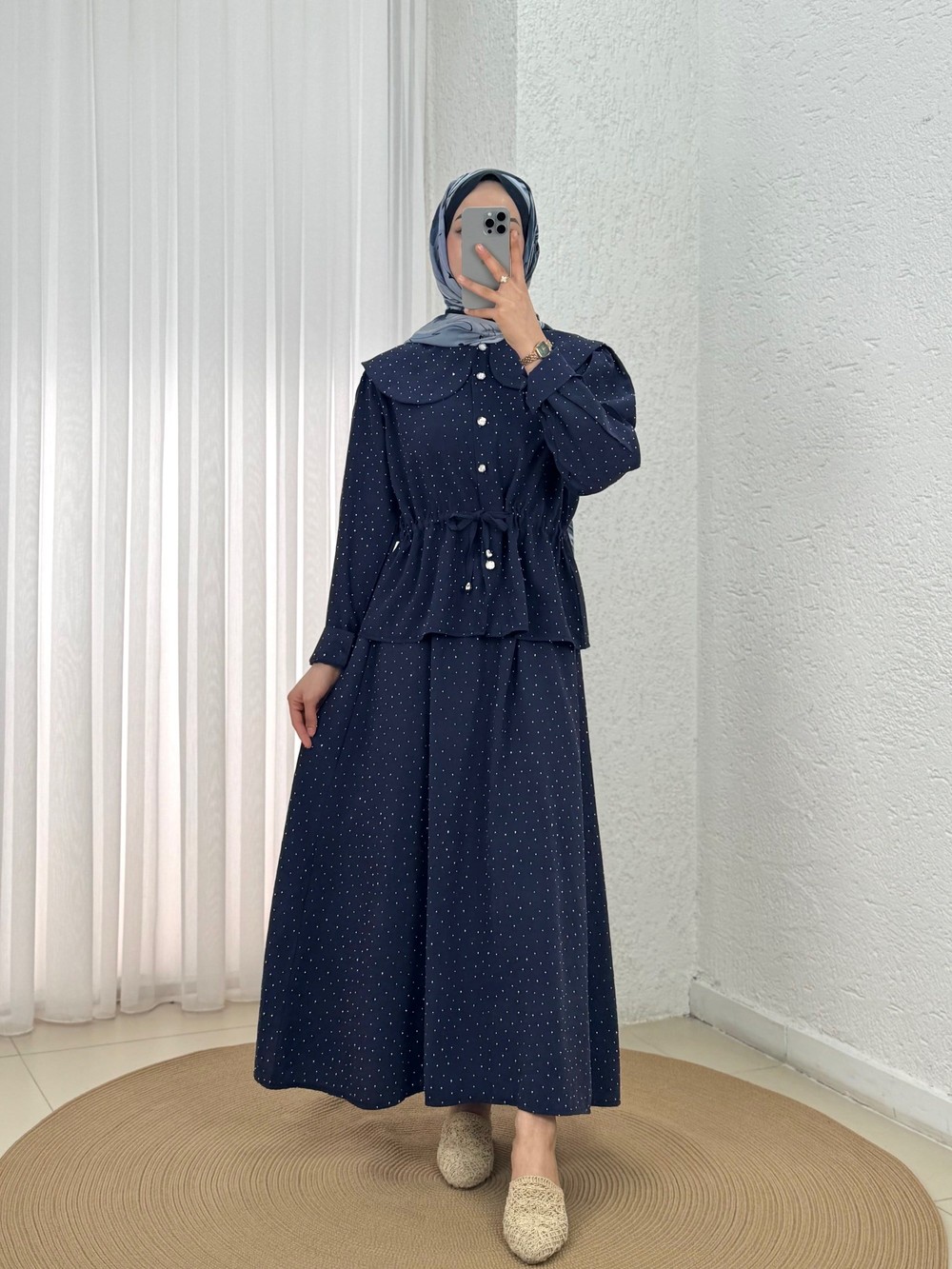 Uçurum Bebe Yaka Taşlı Beli Sıkmalı Etekli Takım-MF612 Lacivert