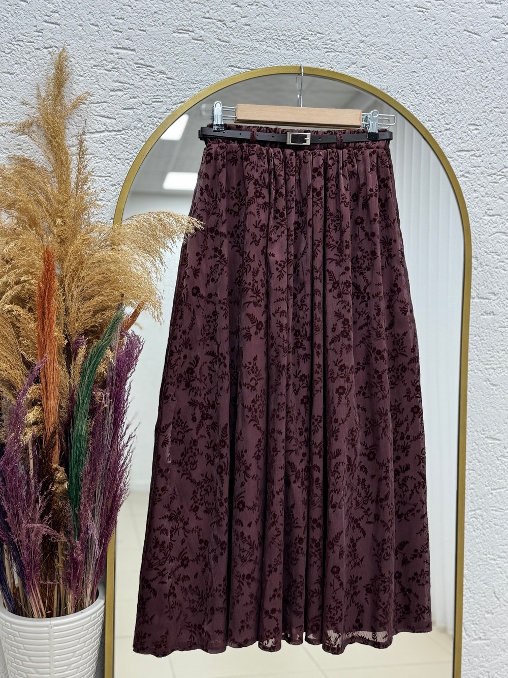 Ülkü Astarlı Kemerli Organize Flok Desen Etek-EK752.1 Kahve