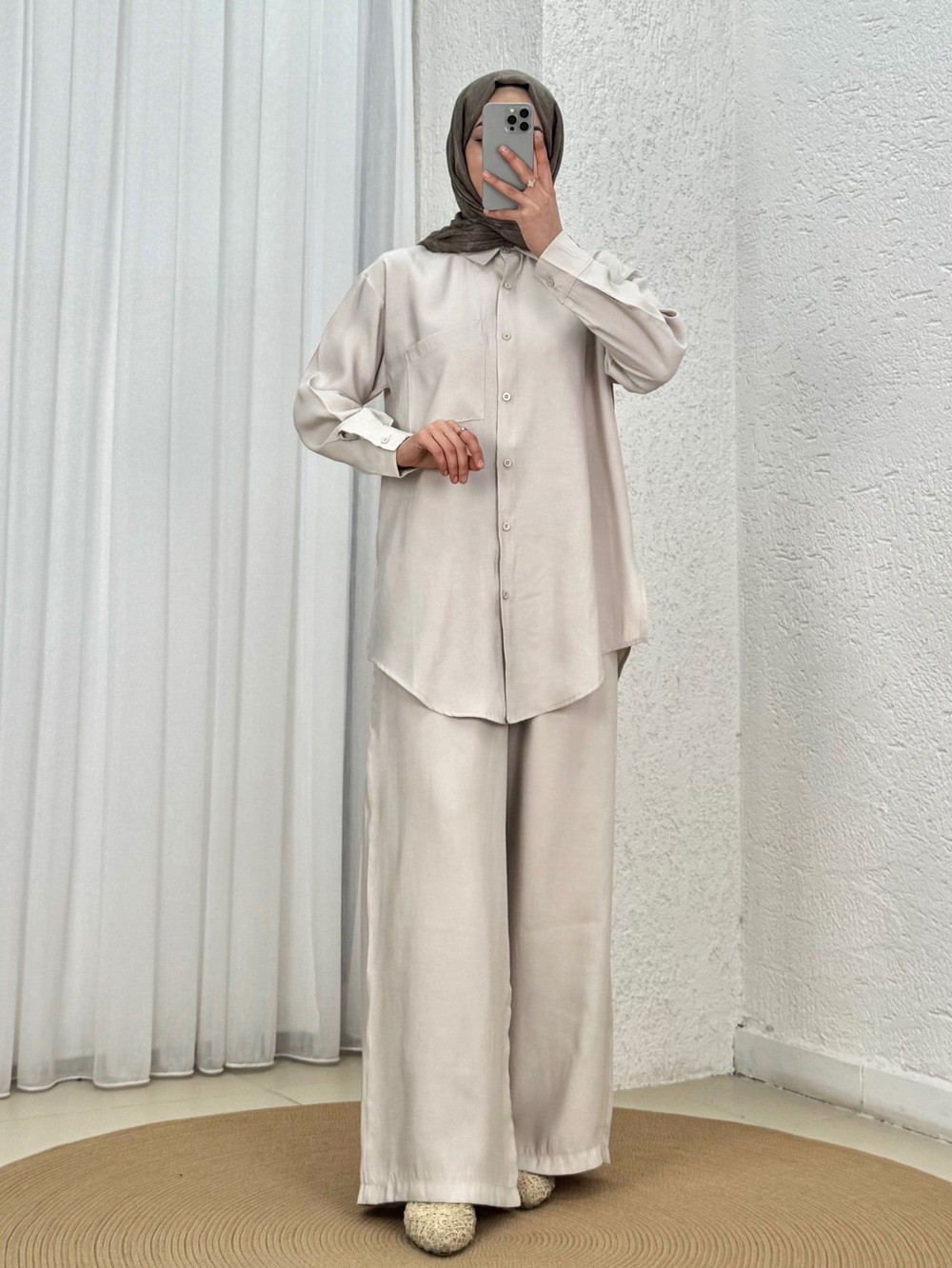 Yamaç Tek Cepli Oversize Pantolonlu Takım-Zİ2232 Taş