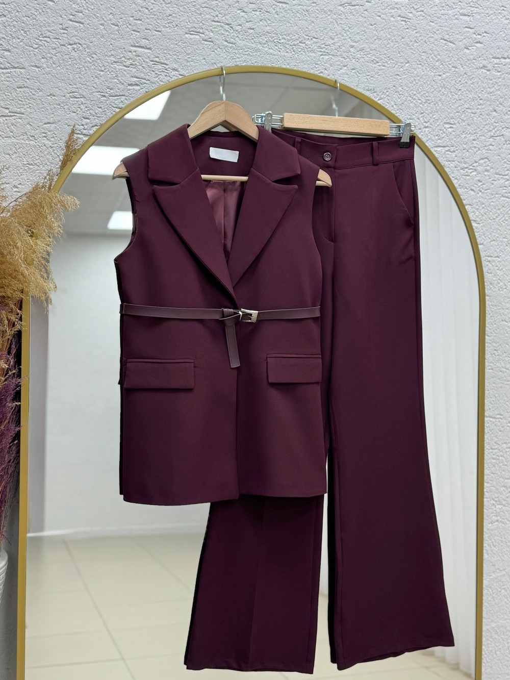 Yazgı Tek Düğmeli Yelekli Pantolonlu Takım-HK0053 Mürdüm