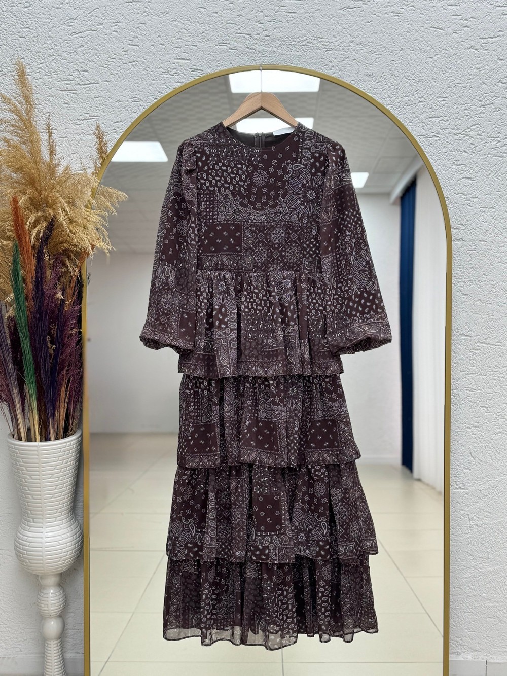 Yüksel Katkatlı Desenli Şifon Elbise-BN4627 Kahve
