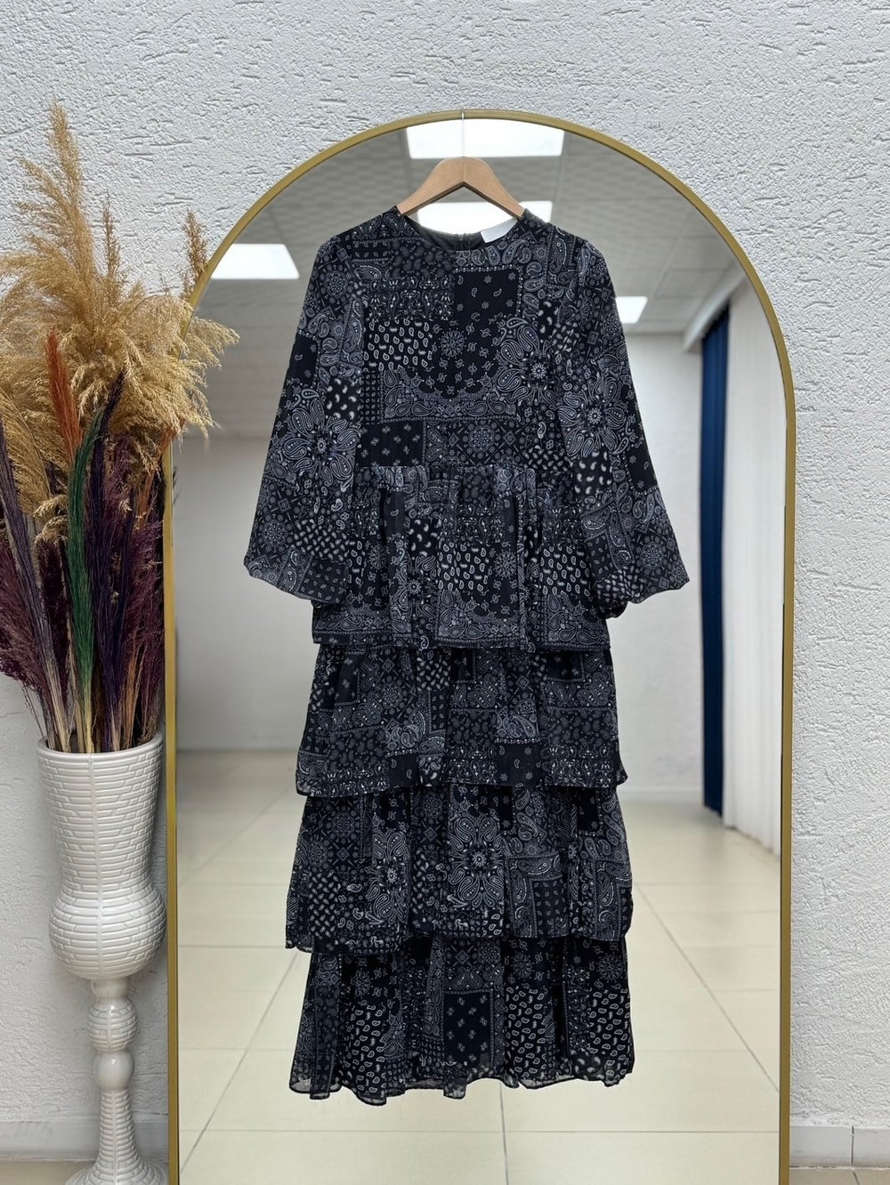 Yüksel Katkatlı Desenli Şifon Elbise-BN4627 Siyah