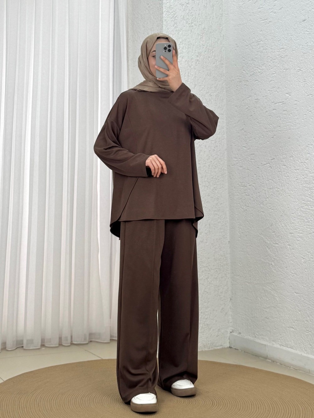 Zennur Yanları Yırtmaçlı Dikişli Pantolonlu Takım-MF1876 Kahve