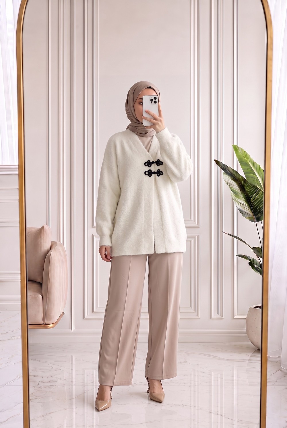 Zülnur Çift Aksesuar Detaylı Yumoş Hırka-KR6033 Ekru