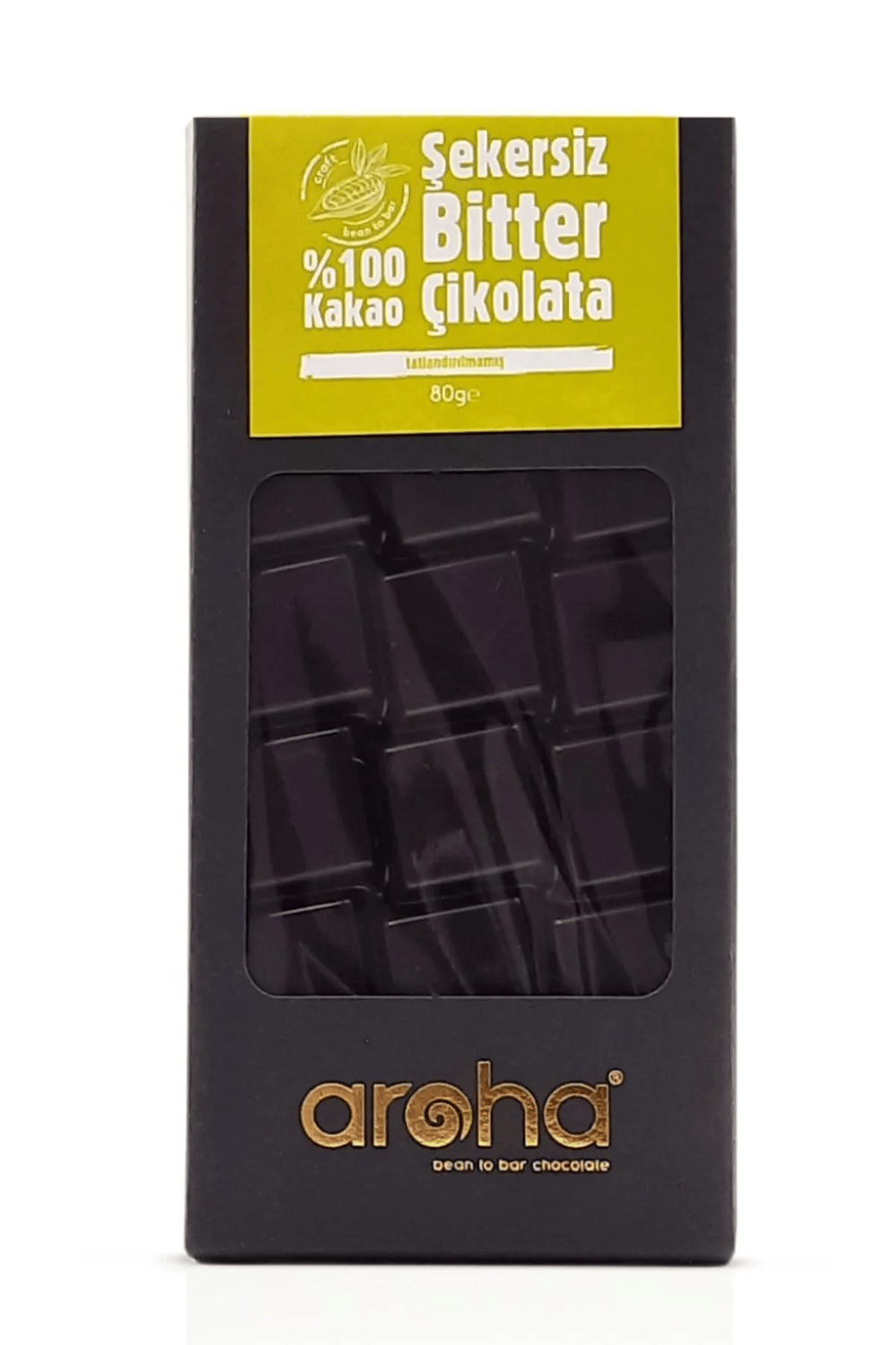 Aroha Şekersiz, Glutensiz, Vegan Çikolata - %100 Bitter %80 KakaoAroha