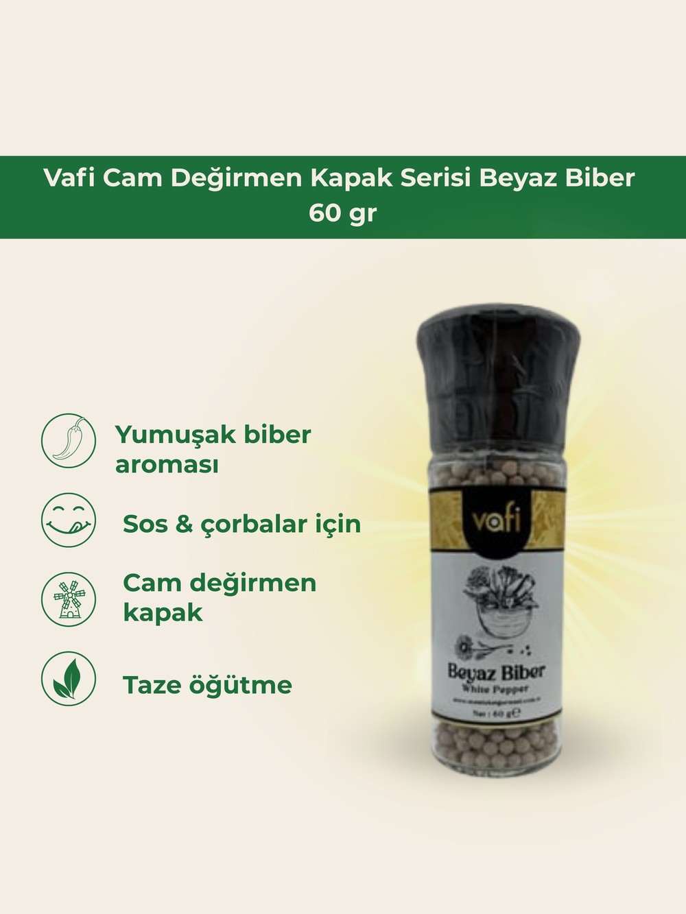 Vafi Cam Değirmen Kapak Serisi Beyaz Biber 60 gr