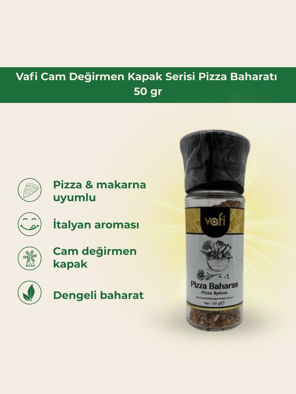 Vafi Cam Değirmen Kapak Serisi Pizza Baharatı 50 gr
