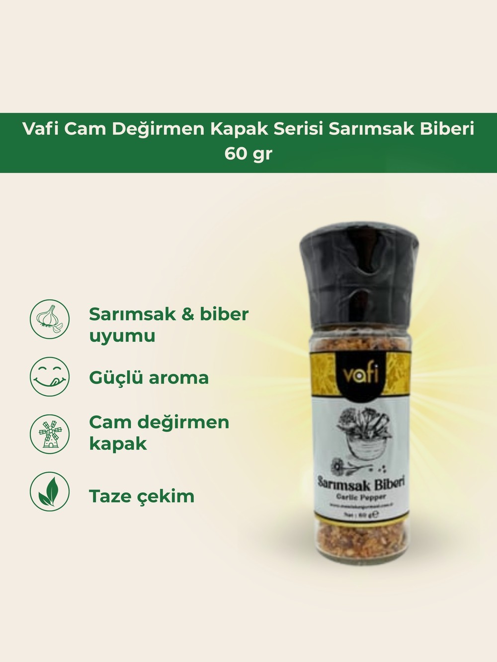 Vafi Cam Değirmen Kapak Serisi Sarımsak Biberi 60 gr
