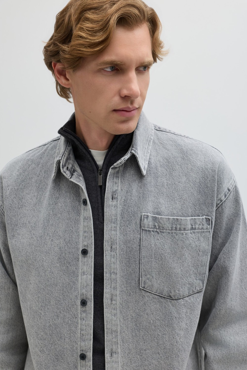 Açık Gri Regular Fit Pamuk Cepli Uzun Kollu Denim Ceket Gömlek
