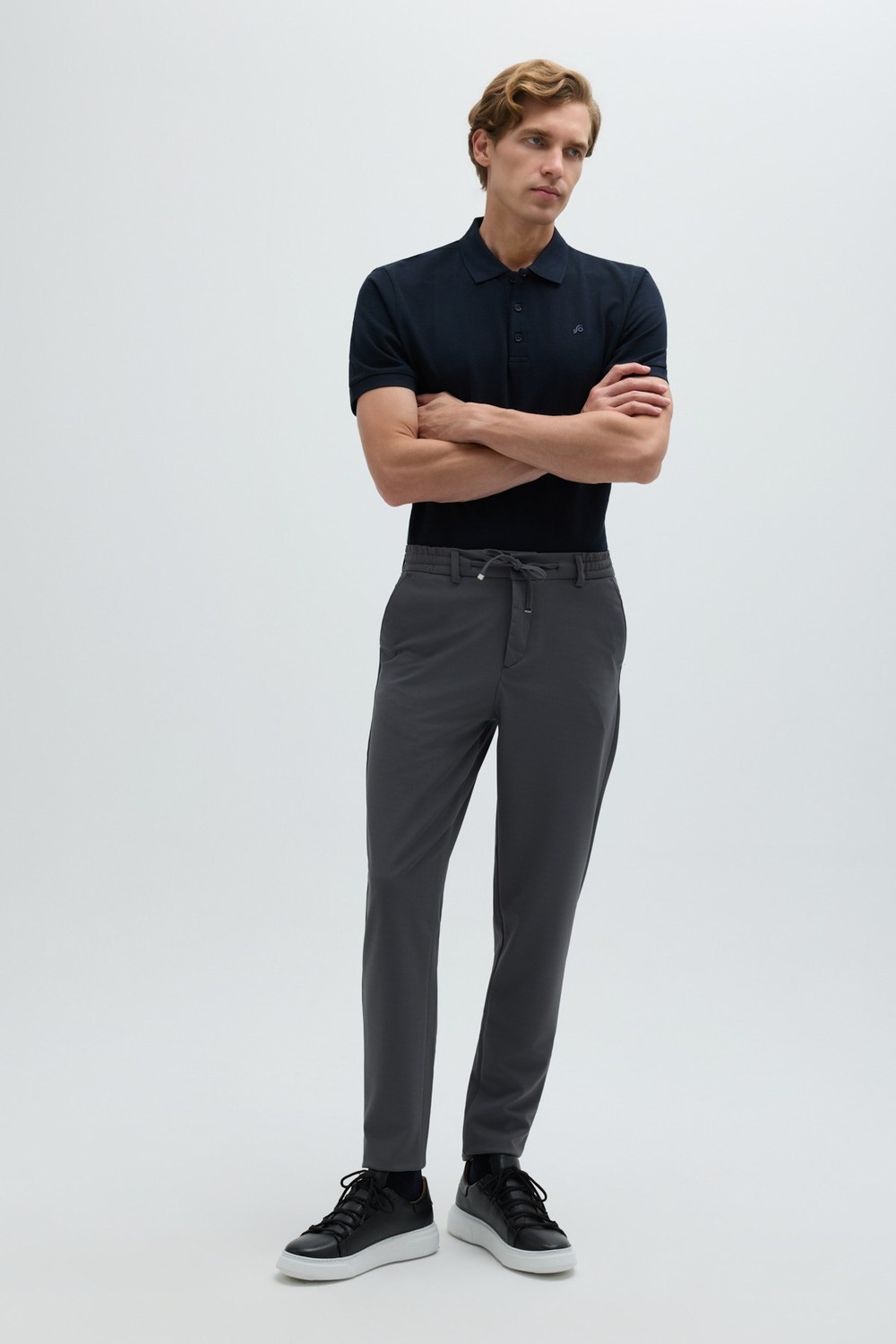 Antrasit Dokulu Arka Lastikli Köprü Kemerli Bağcıklı Slim Fit Jogger Pantolon