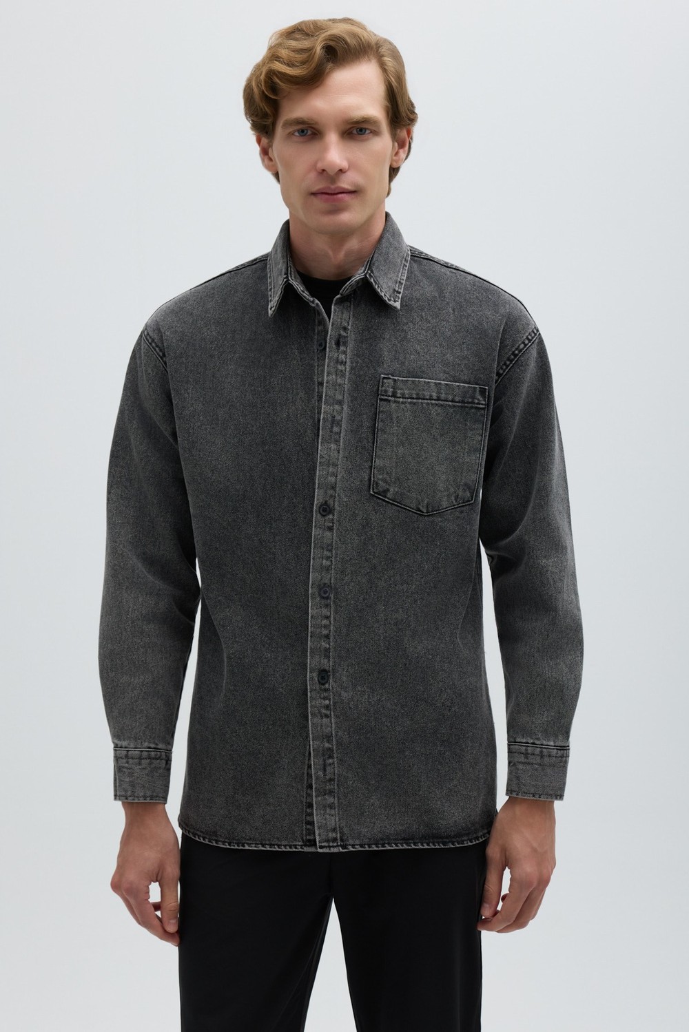 Antrasit Regular Fit Pamuk Cepli Uzun Kollu Denim Ceket Gömlek