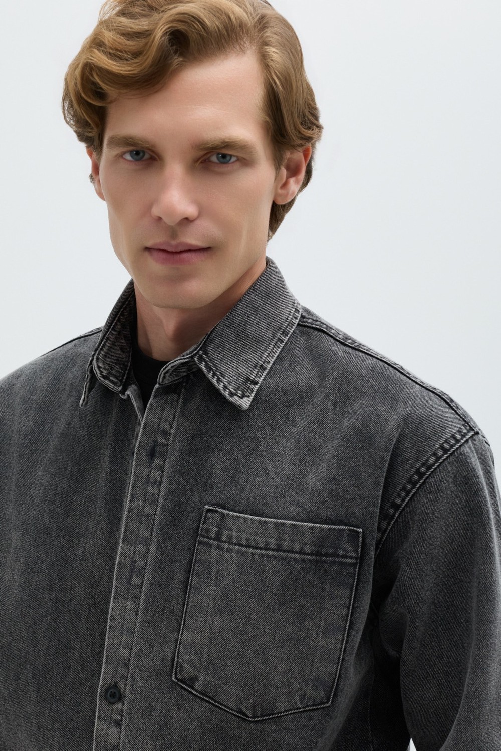 Antrasit Regular Fit Pamuk Cepli Uzun Kollu Denim Ceket Gömlek