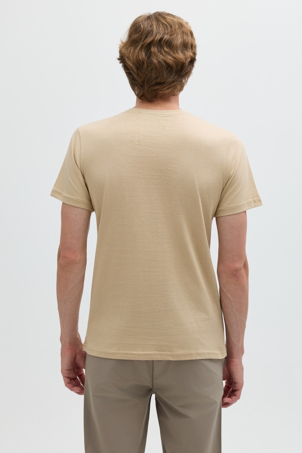 Bej %100 Pamuk Bisiklet Yaka Düz Renk Basic T-Shirt
