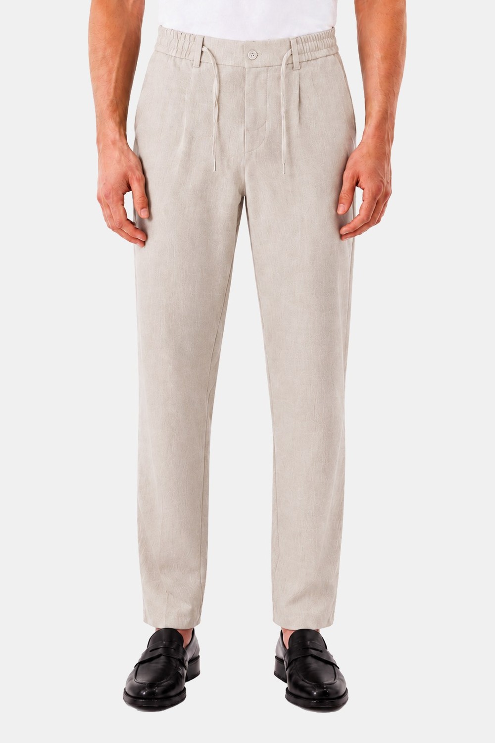 Bej Keten Görünümlü Arka Lastikli Köprü Kemerli Bağcıklı Regular Fit Jogger Pantolon