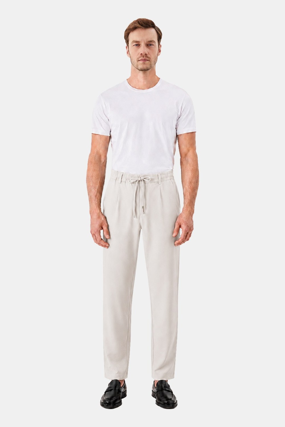 Bej Dokulu Arka Lastikli Köprü Kemerli Bağcıklı Slim Fit Jogger Pantolon