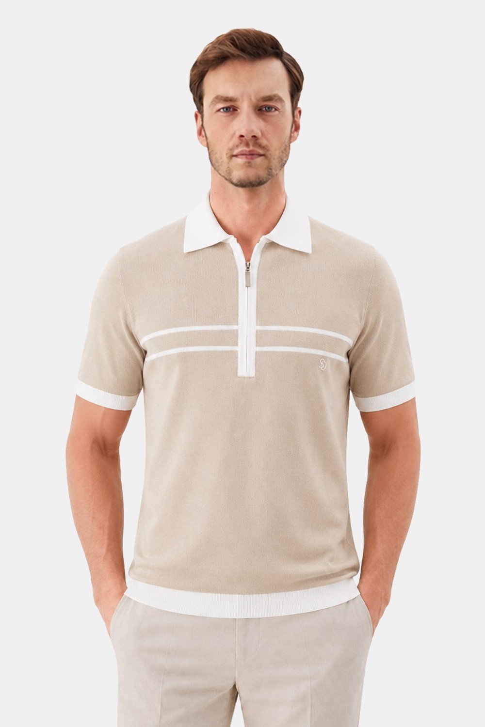 Bej Regular Fit Örme Fermuarlı Polo Yaka Triko T-shirt - Sabri Özel