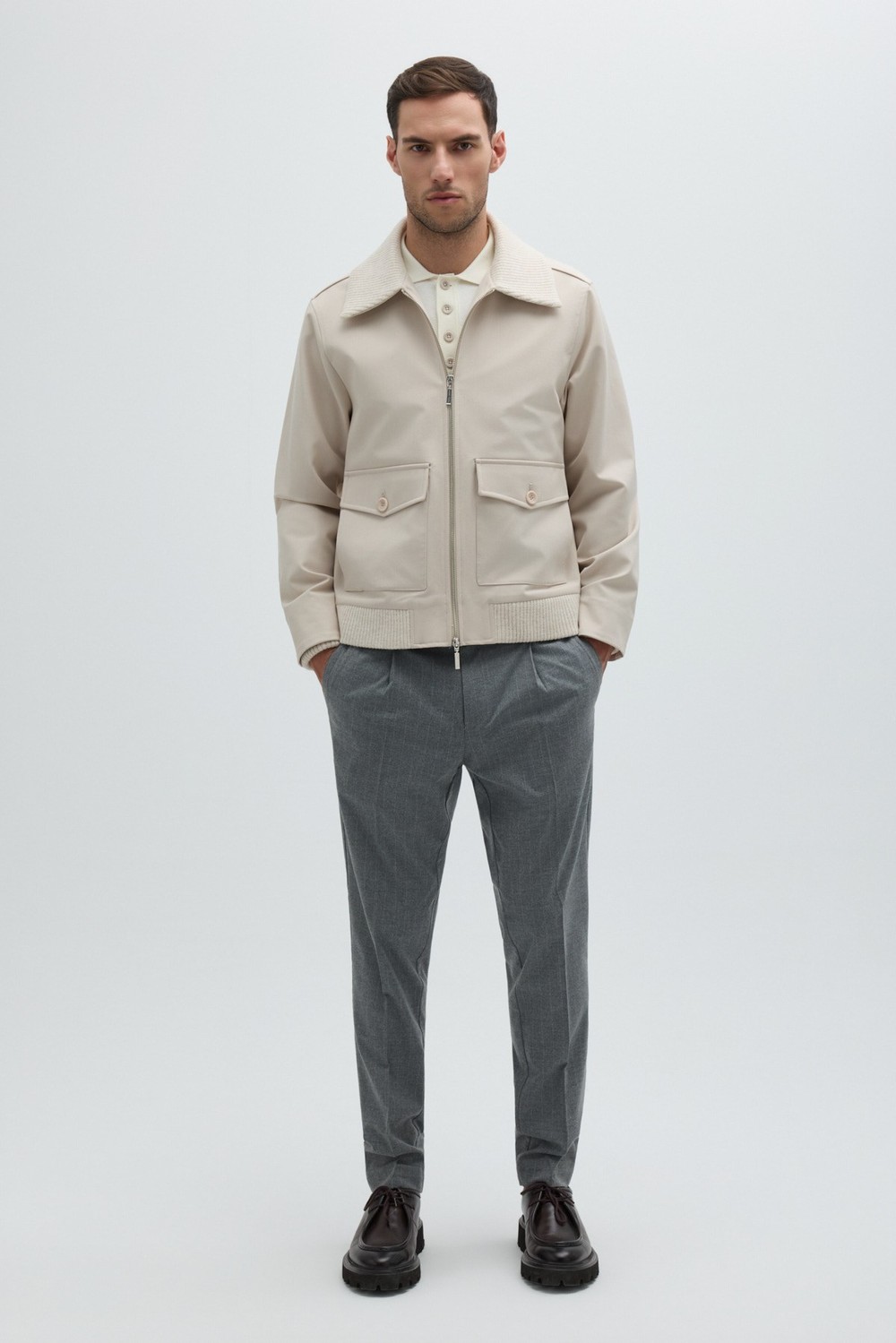 Bej Triko Yaka Bomber Mont