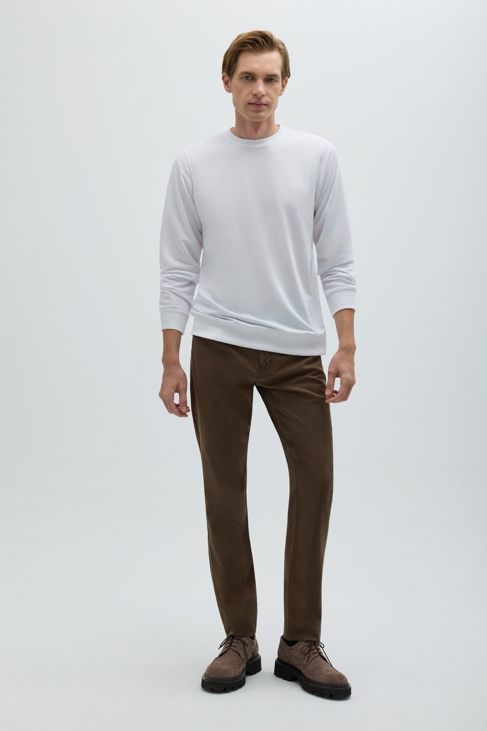 Beyaz Bisiklet Yaka Basic Erkek Sweatshirt