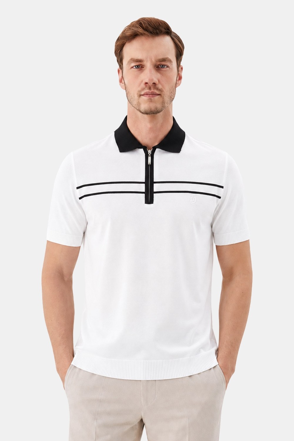 Beyaz Regular Fit Örme Fermuarlı Polo Yaka Triko T-shirt - Sabri Özel