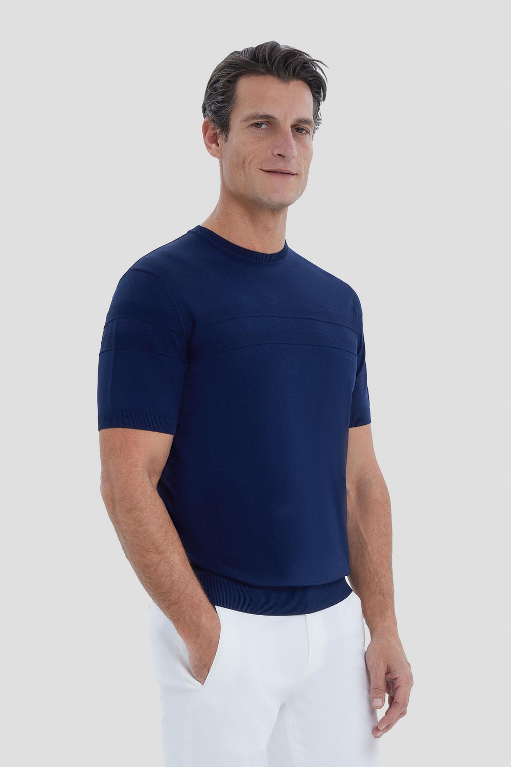 Lacivert Bisiklet Yaka Jakarlı Triko T-shirt