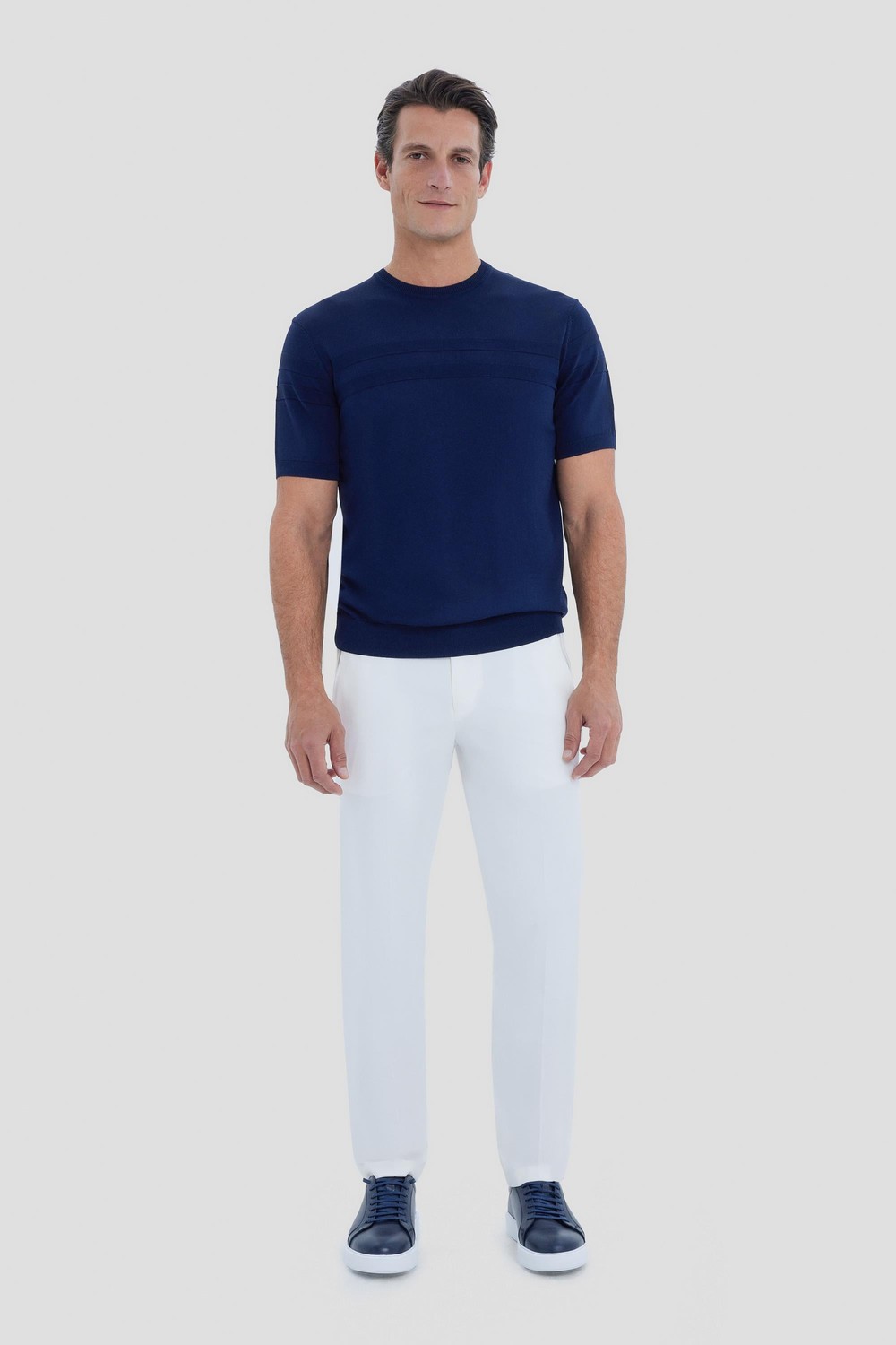 Lacivert Bisiklet Yaka Jakarlı Triko T-shirt