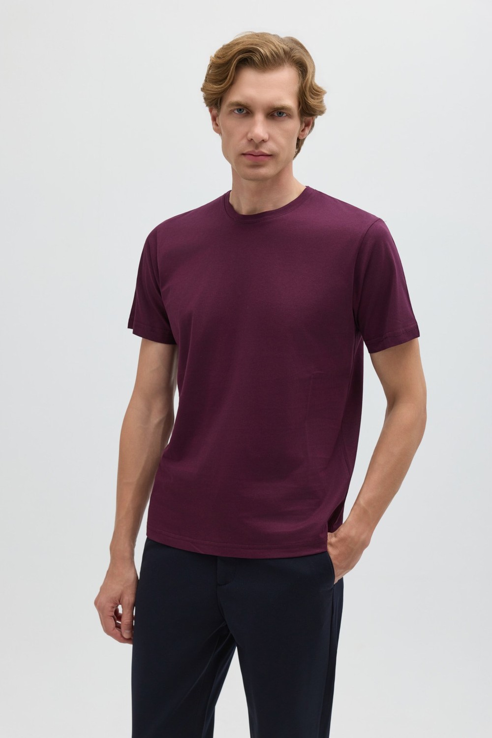 Bordo %100 Pamuk Bisiklet Yaka Düz Renk Basic T-Shirt
