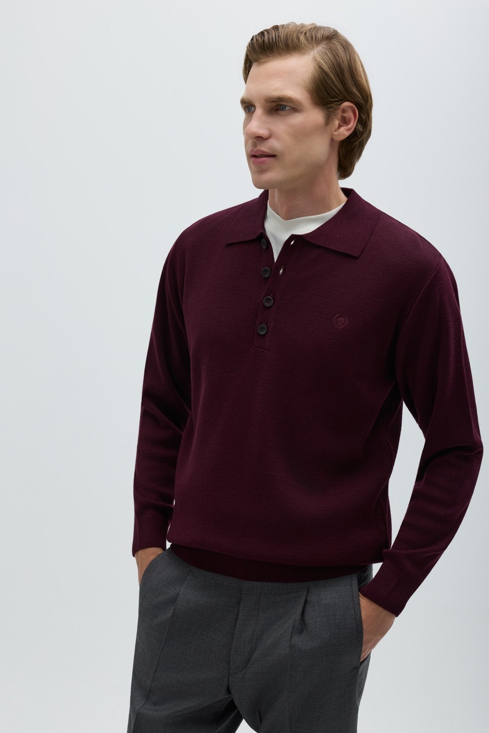 Bordo POLO YAKA 4 DÜĞMELİ NAKIŞLI TRİKO KAZAK