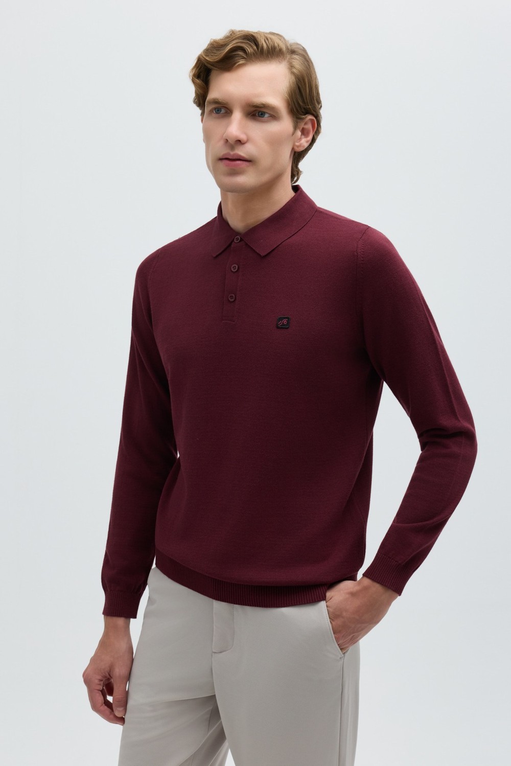 Bordo Regular Fit Pamuklu Polo Yaka Triko Kazak