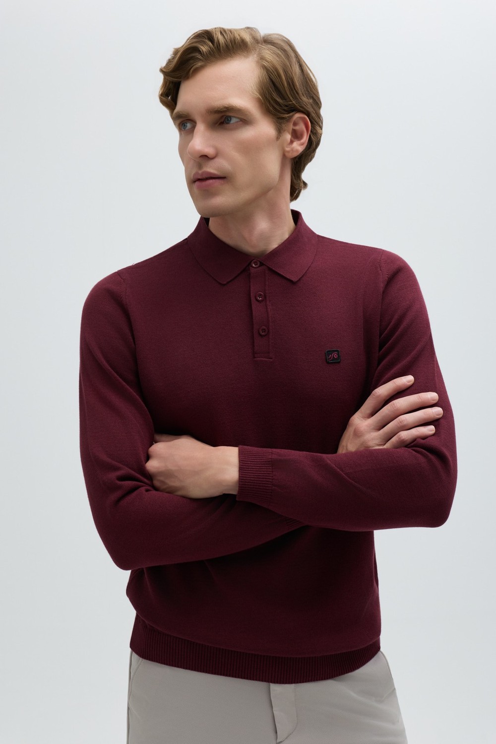 Bordo Regular Fit Pamuklu Polo Yaka Triko Kazak