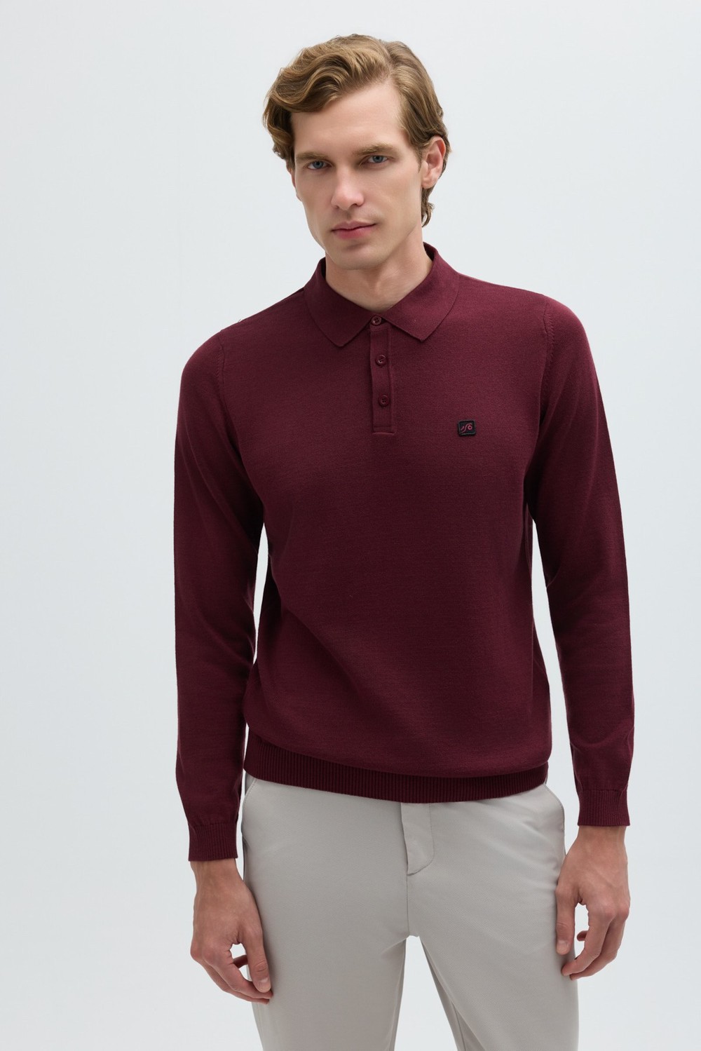 Bordo Regular Fit Pamuklu Polo Yaka Triko Kazak