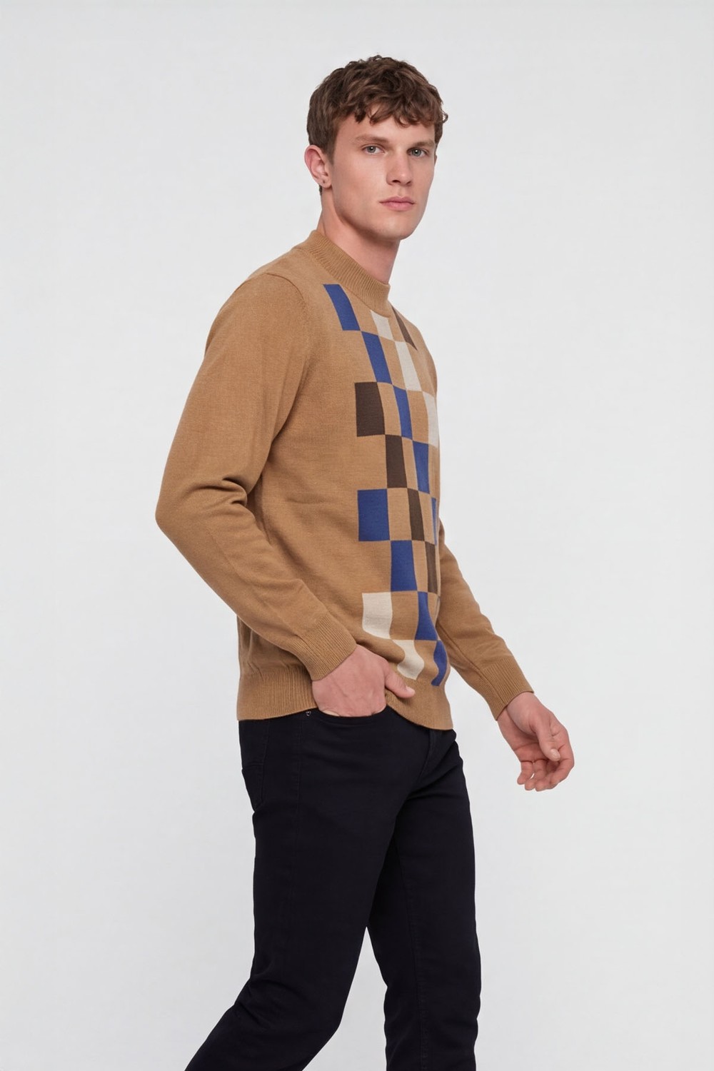 Camel Regular Fit Yünlü Dikdörtgen Desenli Yarım Balıkçı Yaka Triko Kazak