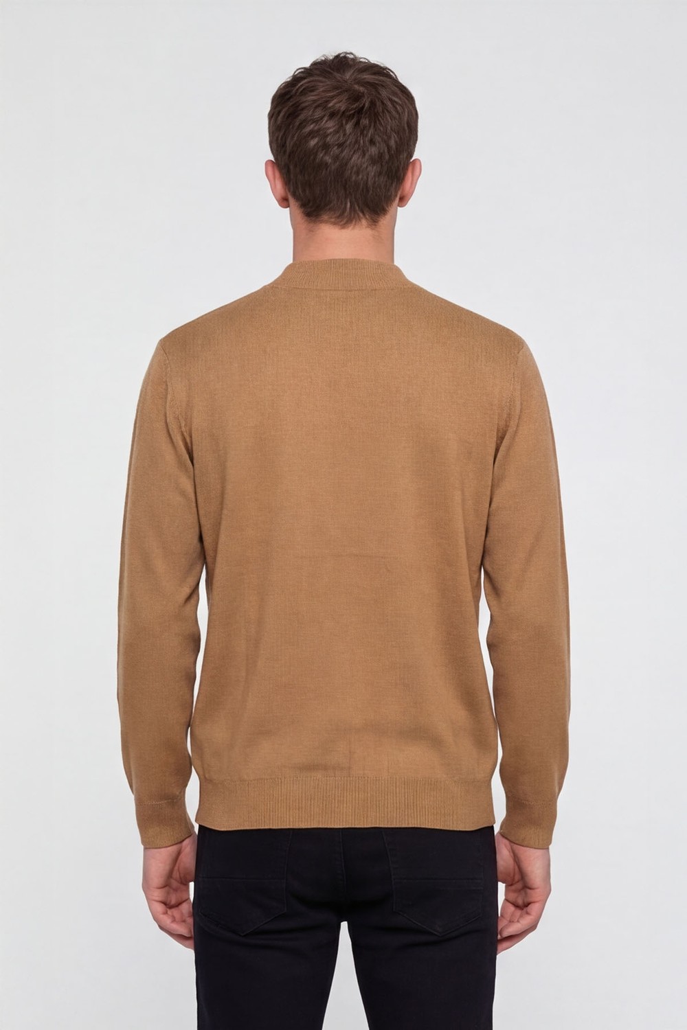Camel Regular Fit Yünlü Dikdörtgen Desenli Yarım Balıkçı Yaka Triko Kazak