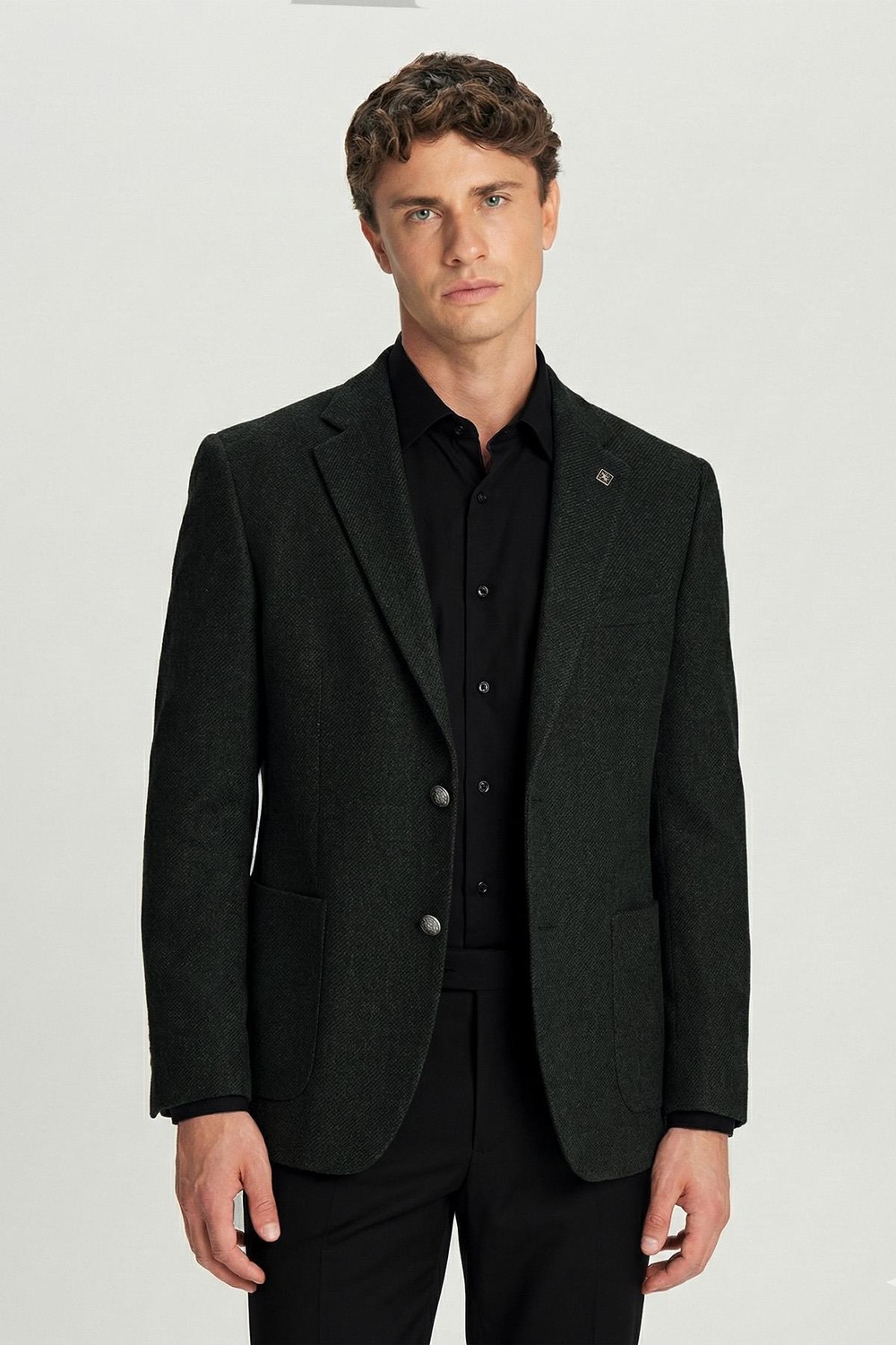 Erkek Yeşil Dar Kesim Slim Fit Yünlü Dokuma Torba Cep Mono Yaka 4 Drop Ceket