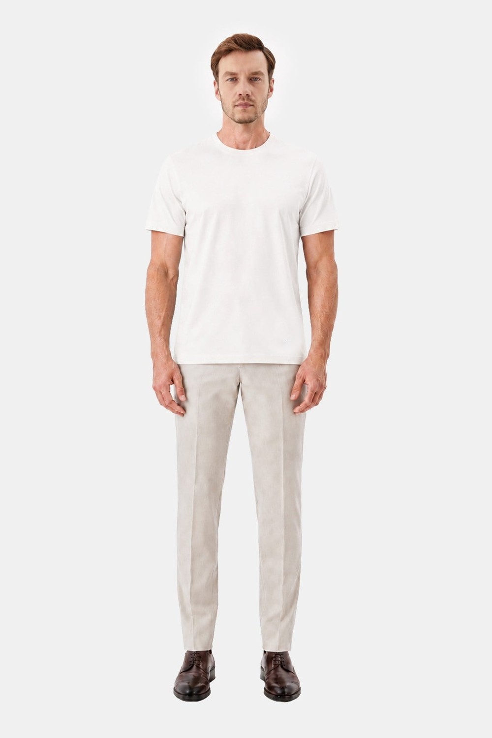 Ekru %100 Pamuk Regular Fit Bisiklet Yaka Basic T-shirt